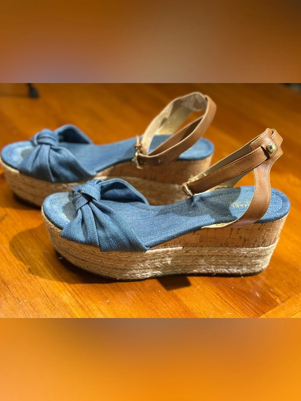 Michael Kors Denim Knot Espadrille Wedge Sandals with Tan Ankle Strap
